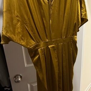 Gold Satin V-Neck Women's Dress